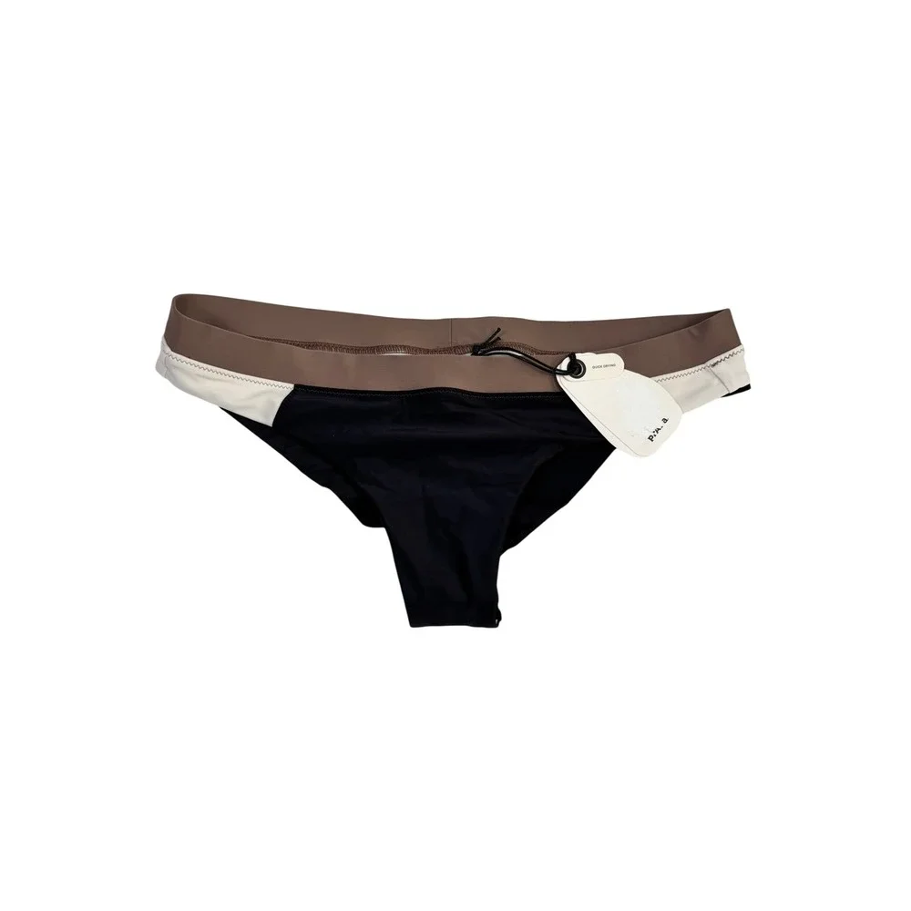 Prana Reia Bikini Bottom Black Brown Cream Colorblock Cheeky Swim Size L NEW